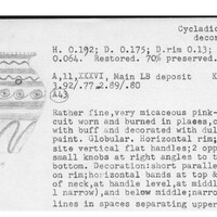 Index card with typed and handwritten information, sometimes including a sketch, of pottery from an excavation.