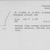 Index card with typed and handwritten information, sometimes including a sketch, of pottery from an excavation.