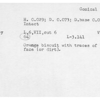 Index card with typed and handwritten information, sometimes including a sketch, of pottery from an excavation.