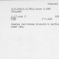 Index card with typed and handwritten information, sometimes including a sketch, of pottery from an excavation.