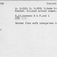 Index card with typed and handwritten information, sometimes including a sketch, of pottery from an excavation.