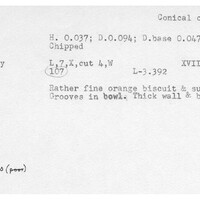 Index card with typed and handwritten information, sometimes including a sketch, of pottery from an excavation.