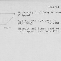 Index card with typed and handwritten information, sometimes including a sketch, of pottery from an excavation.