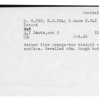 Index card with typed and handwritten information, sometimes including a sketch, of pottery from an excavation.