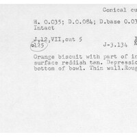 Index card with typed and handwritten information, sometimes including a sketch, of pottery from an excavation.