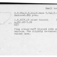 Index card with typed and handwritten information, sometimes including a sketch, of pottery from an excavation.