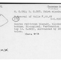 Index card with typed and handwritten information, sometimes including a sketch, of pottery from an excavation.