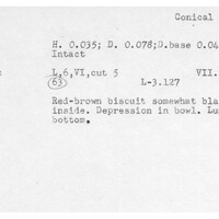 Index card with typed and handwritten information, sometimes including a sketch, of pottery from an excavation.