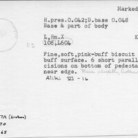 Index card with typed and handwritten information, sometimes including a sketch, of pottery from an excavation.