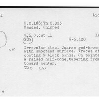 Index card with typed and handwritten information, sometimes including a sketch, of pottery from an excavation.