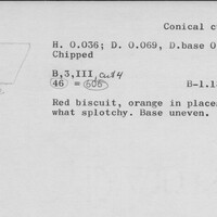 Index card with typed and handwritten information, sometimes including a sketch, of pottery from an excavation.