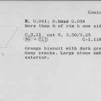 Index card with typed and handwritten information, sometimes including a sketch, of pottery from an excavation.