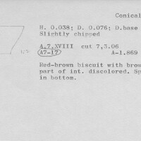 Index card with typed and handwritten information, sometimes including a sketch, of pottery from an excavation.