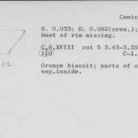 Index card with typed and handwritten information, sometimes including a sketch, of pottery from an excavation.