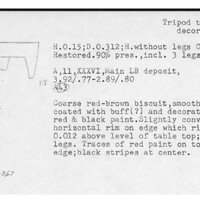 Index card with typed and handwritten information, sometimes including a sketch, of pottery from an excavation.