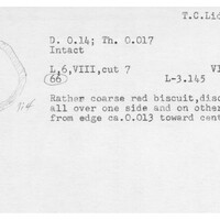 Index card with typed and handwritten information, sometimes including a sketch, of pottery from an excavation.