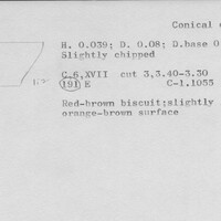 Index card with typed and handwritten information, sometimes including a sketch, of pottery from an excavation.