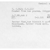 Index card with typed and handwritten information, sometimes including a sketch, of pottery from an excavation.