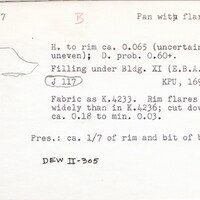 Index card with typed and handwritten information, sometimes including a sketch, of pottery from an excavation.
