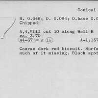 Index card with typed and handwritten information, sometimes including a sketch, of pottery from an excavation.