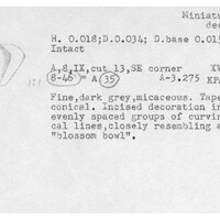 Index card with typed and handwritten information, sometimes including a sketch, of pottery from an excavation.