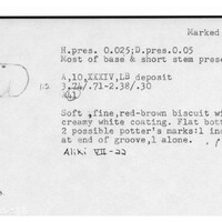 Index card with typed and handwritten information, sometimes including a sketch, of pottery from an excavation.