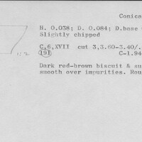 Index card with typed and handwritten information, sometimes including a sketch, of pottery from an excavation.