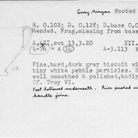 Index card with typed and handwritten information, sometimes including a sketch, of pottery from an excavation.