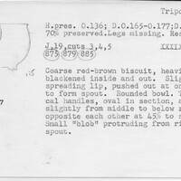 Index card with typed and handwritten information, sometimes including a sketch, of pottery from an excavation.