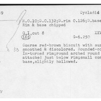 Index card with typed and handwritten information, sometimes including a sketch, of pottery from an excavation.