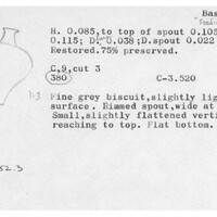 Index card with typed and handwritten information, sometimes including a sketch, of pottery from an excavation.