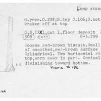 Index card with typed and handwritten information, sometimes including a sketch, of pottery from an excavation.