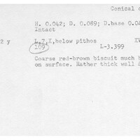 Index card with typed and handwritten information, sometimes including a sketch, of pottery from an excavation.