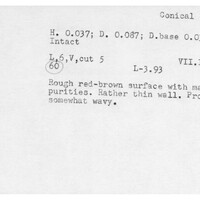 Index card with typed and handwritten information, sometimes including a sketch, of pottery from an excavation.