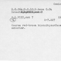 Index card with typed and handwritten information, sometimes including a sketch, of pottery from an excavation.