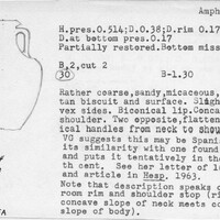 Index card with typed and handwritten information, sometimes including a sketch, of pottery from an excavation.