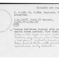 Index card with typed and handwritten information, sometimes including a sketch, of pottery from an excavation.
