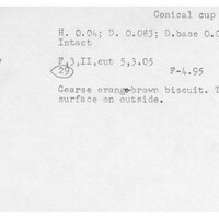 Index card with typed and handwritten information, sometimes including a sketch, of pottery from an excavation.