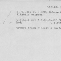 Index card with typed and handwritten information, sometimes including a sketch, of pottery from an excavation.