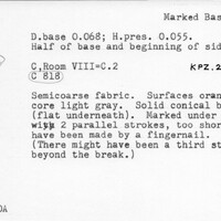 Index card with typed and handwritten information, sometimes including a sketch, of pottery from an excavation.