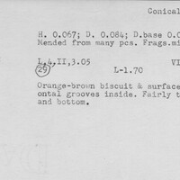 Index card with typed and handwritten information, sometimes including a sketch, of pottery from an excavation.