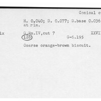 Index card with typed and handwritten information, sometimes including a sketch, of pottery from an excavation.