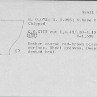 Index card with typed and handwritten information, sometimes including a sketch, of pottery from an excavation.