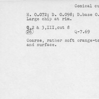 Index card with typed and handwritten information, sometimes including a sketch, of pottery from an excavation.