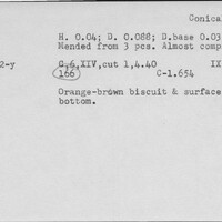 Index card with typed and handwritten information, sometimes including a sketch, of pottery from an excavation.