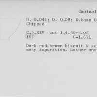 Index card with typed and handwritten information, sometimes including a sketch, of pottery from an excavation.