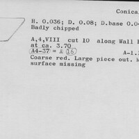Index card with typed and handwritten information, sometimes including a sketch, of pottery from an excavation.