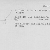Index card with typed and handwritten information, sometimes including a sketch, of pottery from an excavation.