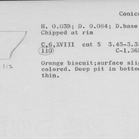 Index card with typed and handwritten information, sometimes including a sketch, of pottery from an excavation.