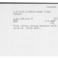 Index card with typed and handwritten information, sometimes including a sketch, of pottery from an excavation.